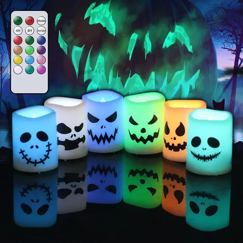 GenSwin Velas votivas sin llama de Halloween que cambian de color con temporizador remoto, velas LED que funcionan con pilas para decoración del