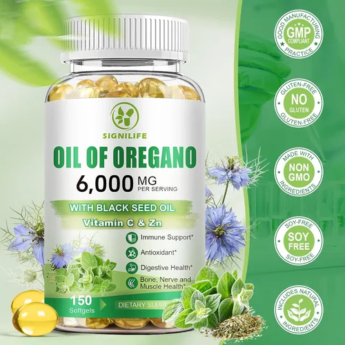 Miniatura 6 de Aceite de orégano con aceite de semilla negra, cápsulas de aceite de orégano de 6000 mg para apoyo inmunológico con alto contenido de carvacrol