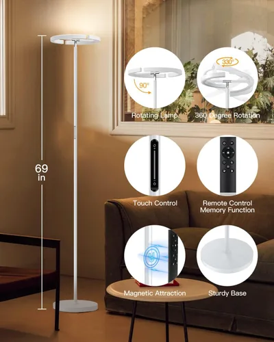 Miniatura 2 de SIBRILLE Lámpara de pie blanca, lámpara de pie ajustable sin escalones moderna 3000-6000K, lámpara de pie LED giratoria de 20W para lectura, lámpara