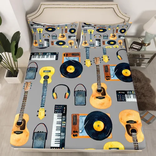 Miniatura 16 de Erosebridal Juego de sábanas de tamaño individual con temática musical, con estampado de notas musicales, juego de cama ajustable en blanco y negro