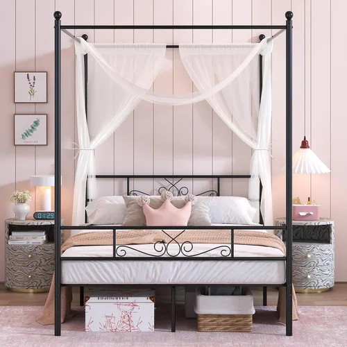 Miniatura 3 de Weehom Marco de cama con dosel, tamaño matrimonial, marco de cama con cabecera y estribo, base de colchón de 4 pósters, no necesita somier
