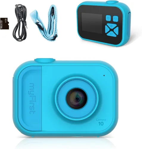 myFirst Camera 10 - Mini cámara digital para niños y niñas con diseño duradero, fotos de 5MP y video de 1080p, cámara web, adaptador de trípode,