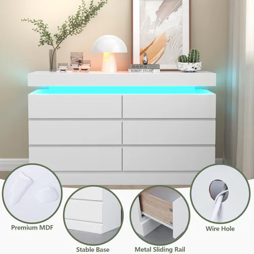 Miniatura 6 de Gyfimoie Cómoda de 6 cajones con toma de corriente, Cómoda con luz LED, Cajonera moderna para armario, Organizador de cajones doble ancho para Blanco