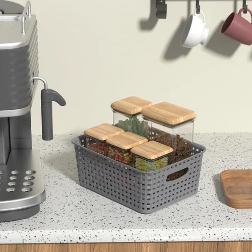 Miniatura 5 de Readsky Paquete de 6 pequeñas cestas de almacenamiento de plástico tejidas, cestas de plástico para estantes, contenedores organizadores