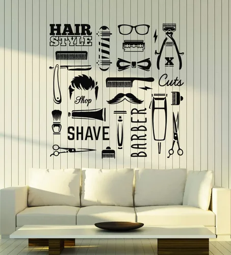 Vinilo adhesivo para pared, herramientas de peluquería, estilo de pelo, afeitado, cortes, pegatinas mural, decoración grande (g1580), color negro