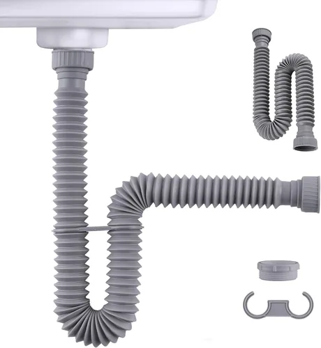 iFealClear P-Trap - Tubo de drenaje para fregadero con 4 anillos de sellado de goma, tubos de drenaje flexibles de 11 a 34.5 pulgadas, tubo de