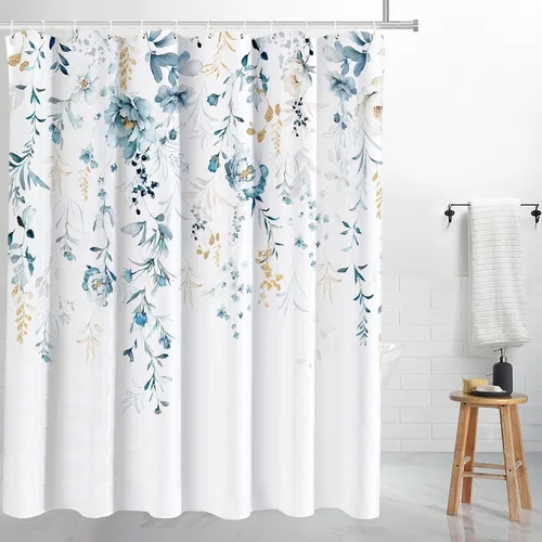 Miniatura 20 de Tititex Blomming - Cortina de ducha floral blanca brillante, hojas verdes acuarela en la parte superior, decoración de baño de planta