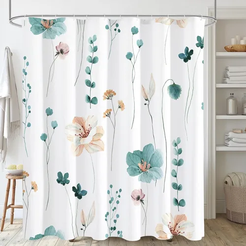 Miniatura 14 de Gibelle Cortina de ducha con estampado floral de acuarela, cortina de ducha retro naranja azul marino para baño, juego de cortina de ducha moderna