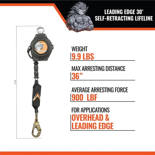 Miniatura 4 de Malta Dynamics Edgehog Lifeline - Cable Yoyo de protección contra caídas de borde delantero de 30 pies, cordón retráctil clase 2 con freno de acción