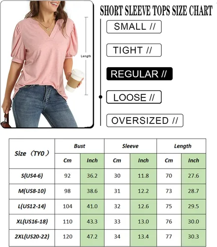 Miniatura 5 de YESNO Camisas de manga corta para mujer, estilo casual, cuello en V, blusas elegantes de manga abombada, TY0