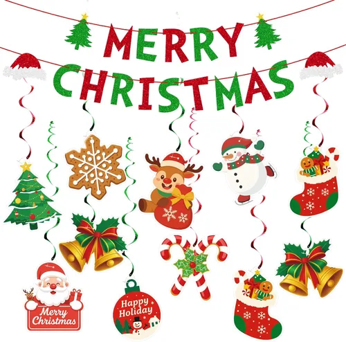 jijAcraft 38 carteles de decoración navideña de Feliz Navidad, remolino colgante premontado, decoraciones de Navidad para interiores, decoración de
