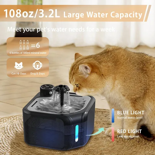 Miniatura 5 de Fuente de agua para gatos inalámbrica con 4 filtros de repuesto de 108 oz/3.2 L, fuente de agua para mascotas, funciona con pilas, con bandeja
