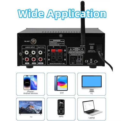 Miniatura 3 de Amplificador de audio 800W, amplificador estéreo para el hogar con 2 canales, RMS 60Wx2, Bluetooth 5.0, mini amplificador HiFi con eco, micrófono