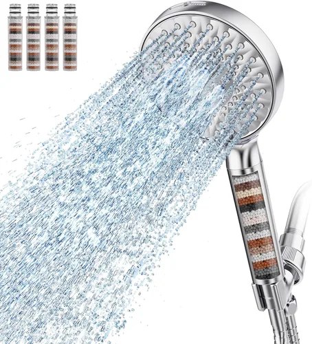 Miniatura 14 de SR SUN RISE Cabezal de ducha filtrado con mango de alta presión, 9 modos de rociado, cabezal de ducha desmontable, filtros suavizadores de agua