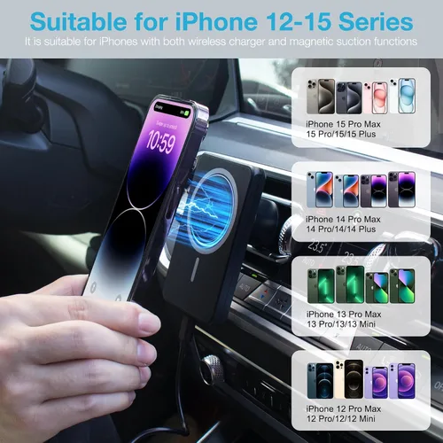 Miniatura 3 de MagSafe - Soporte de cargador de coche inalámbrico magnético de 7.5 W para iPhone serie 17/16/15/14/13/12, agarre fuerte, giratorio de 360°, Negro