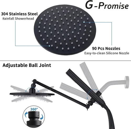Miniatura 4 de G-Promise Combo de cabezal de ducha todo metal doble, cabezal de ducha de lluvia de 8 pulgadas, varita de rociado manual, desviador suave de 3 vías