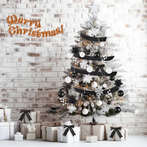 Miniatura 7 de Poen Juego de 108 adornos para árbol de Navidad, incluye bolas para árbol navideño, flor de pascua con purpurina, lazos, bayas, tallos, hojas, copos