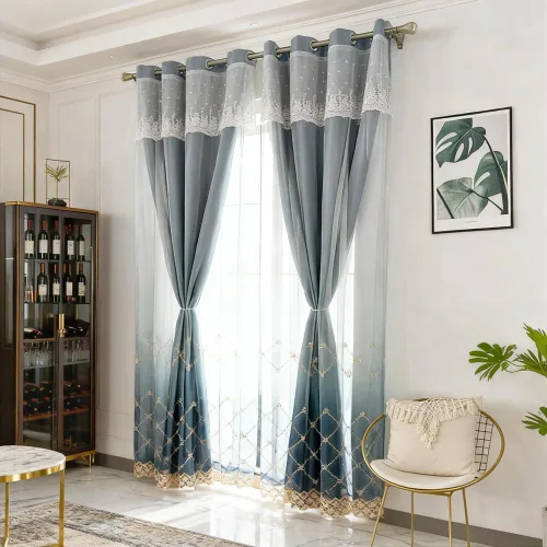 Amidoudou 1 par de cortinas geométricas de doble capa para sala de estar, cortinas bordadas con patrón de diamante degradado para dormitorio (azul,