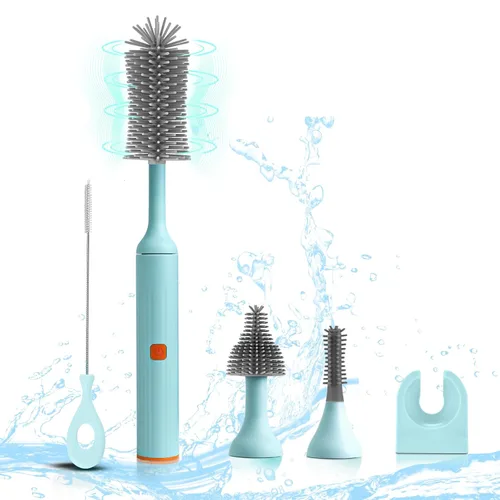 Juego de cepillos eléctricos para biberones con limpiador de cepillo eléctrico recargable y cepillos de silicona reemplazables y limpiador de Azul