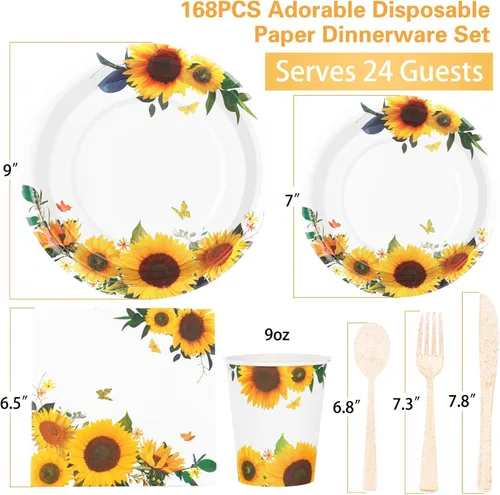 Miniatura 2 de Decoraciones de fiesta de girasoles: 168 platos de girasol y servilletas, suministros de fiesta, platos de papel amarillo con purpurina dorada