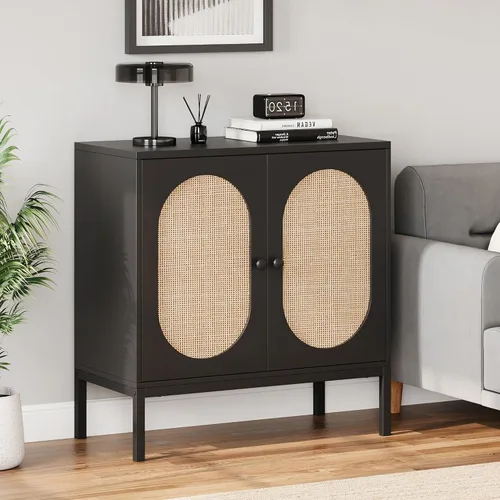 Miniatura 8 de IDEALHOUSE Gabinete de buffet, armario de almacenamiento de ratán con puertas y estantes, aparador de armario, armario de consola de madera