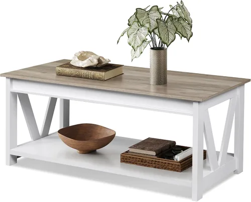 Miniatura 12 de WLIVE Mesa de Centro, Mesa de Centro Estilo Granja de 43" con Estante de Almacenamiento y Soporte Resistente en Forma de V, Mesa Central de Madera