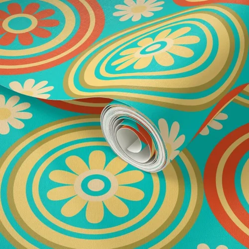 Miniatura 2 de Muestras de papel tapiz para despegar y pegar, círculos de azulejos florales retro de mediados de siglo, moderno, turquesa, naranja, amarillo