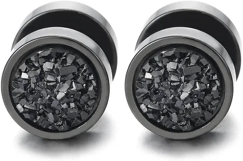 Aretes de tuerca para mujer y hombre, de 0.394 pulgadas, color negro, con purpurina, de acero, falsos tapones para los oídos, dilatadores, Acero