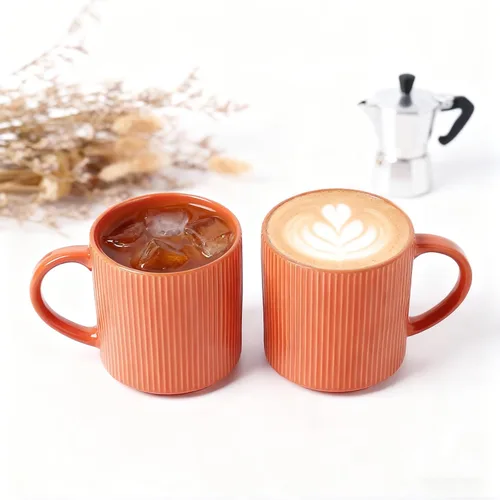 Miniatura 4 de MONITO Juego de 4 tazas de café de 16 onzas, tazas de café rústicas de cerámica con asa grande, tazas de café de gres vintage a rayas para leche