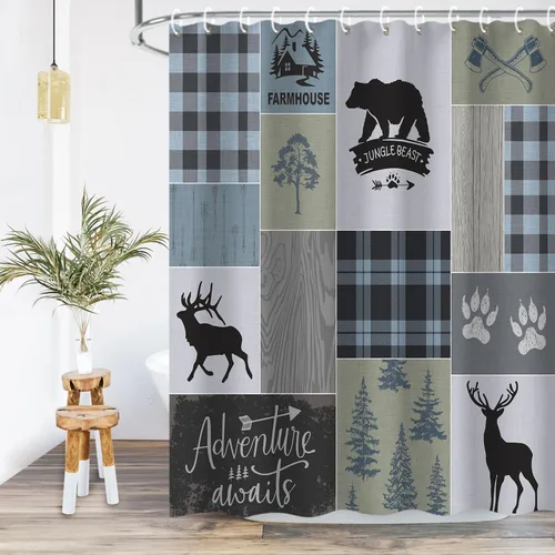 RosieLily Cortina de ducha de cabaña, cortina de ducha rústica, cortinas de ducha de oso y ciervo, cortinas de ducha con 12 ganchos, juego de