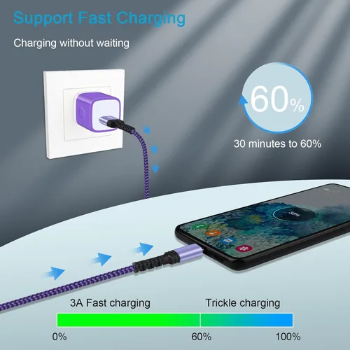 Miniatura 5 de Cable de carga USB C, cable de alimentación para teléfono Android, paquete de 3 unidades, trenzado USB A a tipo C, cable de carga rápida