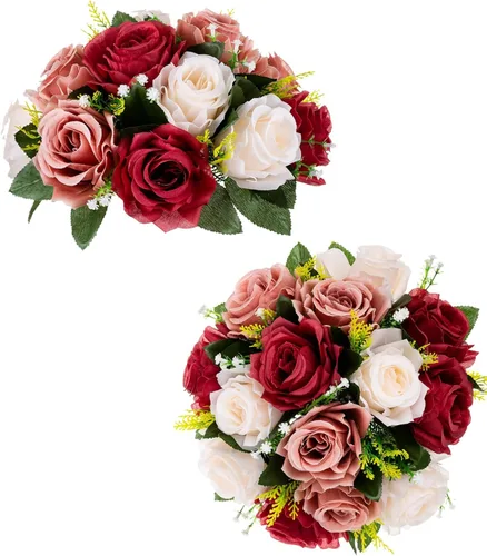 Miniatura 9 de BLOSMON Bolas de flores, centros de mesa de rosas de boda: 2 piezas de flores falsas carmesí decoración de bolas de besos Arreglos florales
