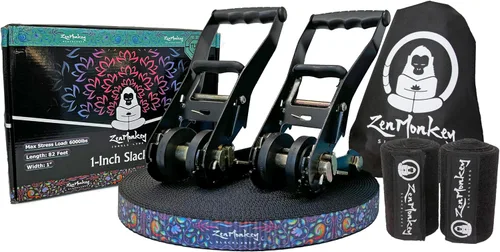 Kit de línea de holgura ZenMonkey de 1" con sistema de trinquete dual, cuerda de dos tonos, longitud de 82 pies, protectores de árbol y bolsa de