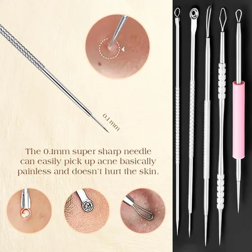 Miniatura 5 de Kit de herramientas de 22 piezas de herramientas de acero inoxidable 410 para eliminar puntos negros, kit de herramientas extractoras de espinillas