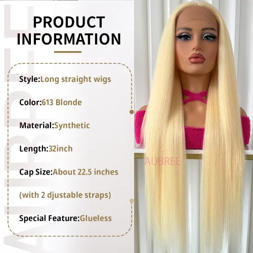 Miniatura 5 de Aubree Peluca de encaje frontal rubio 613, cabello largo y lacio, resistente al calor, fibra rubia, pelucas sintéticas sin pegamento, predepiladas