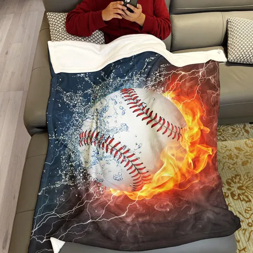 Miniatura 4 de YISUMEI Manta de béisbol impresa en 3D, 60 x 80 pulgadas, bola blanca chocar en agua y fuego, ideal para decoración del hogar con temática deportiva