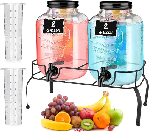Lallisa 2 dispensadores de bebidas de vidrio de 2 galones con soporte, cilindro de hielo, letreros de pizarra colgante de acero inoxidable 18/8,