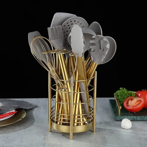Miniatura 4 de Soporte dorado para utensilios de cocina para encimera de cocina, utensilios de acero inoxidable, revestimiento de titanio dorado, organizador de 3.