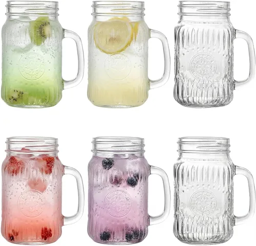 SUT Mason Jar - Vasos para beber con asa, paquete de 6, 16 onzas, tazas de tarro Mason en relieve vintage para café helado, jugo, té y cerveza