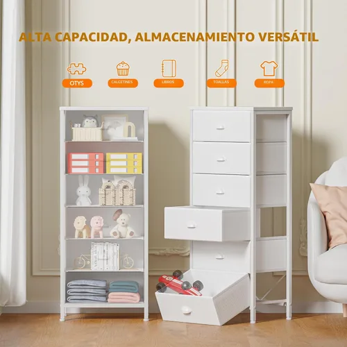 Miniatura 4 de Furnulem - Cómoda alta blanca para dormitorio, unidad de almacenamiento vertical y mesa auxiliar con 6 cajones de tela, mueble de mesita de noche