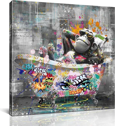 Kepgonegu Arte de pared de baño, divertido gorila en la bañera, graffiti, arte de pared en blanco y negro, listo para colgar, tamaño 30 pulgadas de