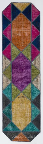 Modern Patchwork Runner Rug for Hallway Decor. Handmade from Re-Dyed Vintage Carpets, Woolen Floor Covering. D431