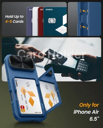 Miniatura 3 de Funda para iPhone Air con soporte para tarjetas, soporte integrado y cubierta para lente de cámara, a prueba de golpes, de silicona resistente a Azul