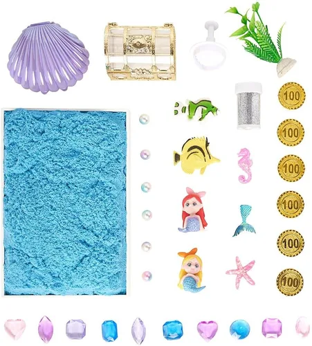 Miniatura 8 de 38 cubos sensoriales de sirena con arena mágica de 2 libras, moldes de océano y accesorios del tesoro, regalo creativo de juego de arena para niñas