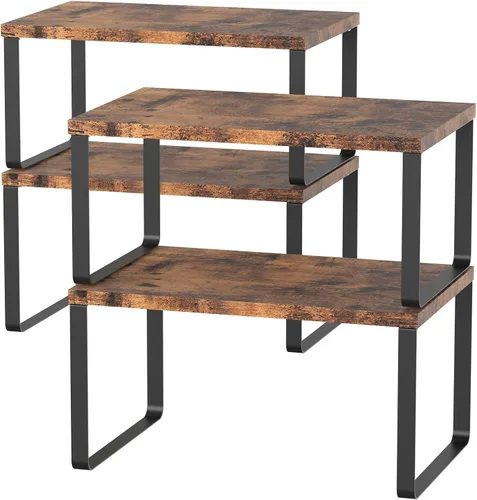 Juego de 4 estantes de mostrador de cocina, apilables, organizador de madera, estantes de encimera expandibles, color marrón, organizador de