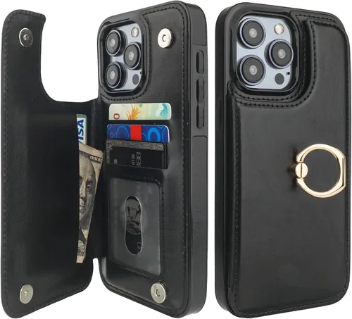 ONETOP Funda tipo cartera para iPhone 15 Pro Max con soporte para tarjetas, anillo de rotación de 360°, función atril, bloqueo RFID, piel sintética,