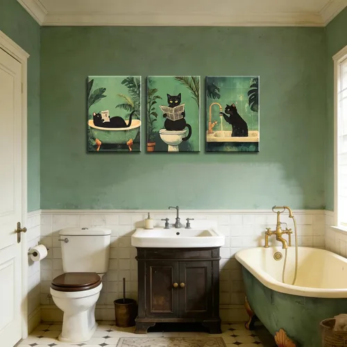 Miniatura 6 de 3 piezas de divertidos carteles de gato negro en lienzo para pared de baño Arte de pared vintage Gato se lava las patas leyendo el periódico