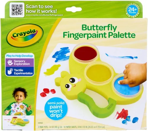Crayola Paleta de pintura de dedos de mariposa (3 quilates), pintura de dedos lavable y a prueba de derrames para niños pequeños, pintura menos