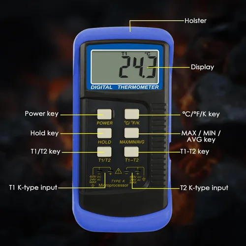 Miniatura 9 de Termómetro de termopar tipo K (-50 ~ 2,372.0 °F), medidor de temperatura digital de doble canal con 2 abrazaderas de temperatura y sensores de sonda