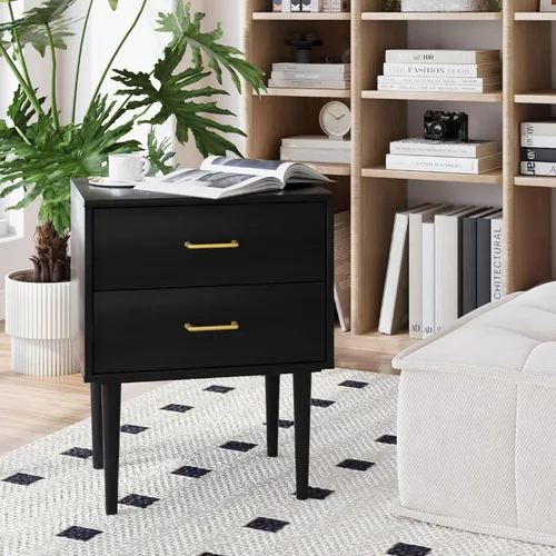 Miniatura 5 de Mesita de noche negra con 2 cajones, mesita de noche alta y moderna negra, mesitas de noche de madera para dormitorio, mesa auxiliar de cama, mesa
